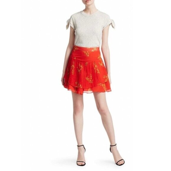 Derek Lam 10 Crosby Mini Skirt 8 NWT Pleated Floral Red Luxury Layered Flirty - Picture 1 of 11